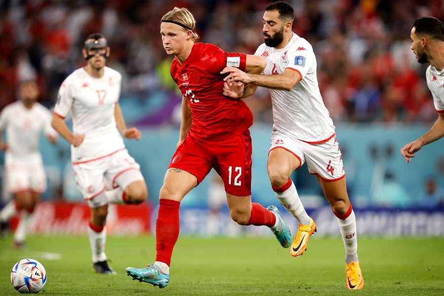 Kasper Dolberg i aktion for Danmark mod Tunesien under VM-slutrunden