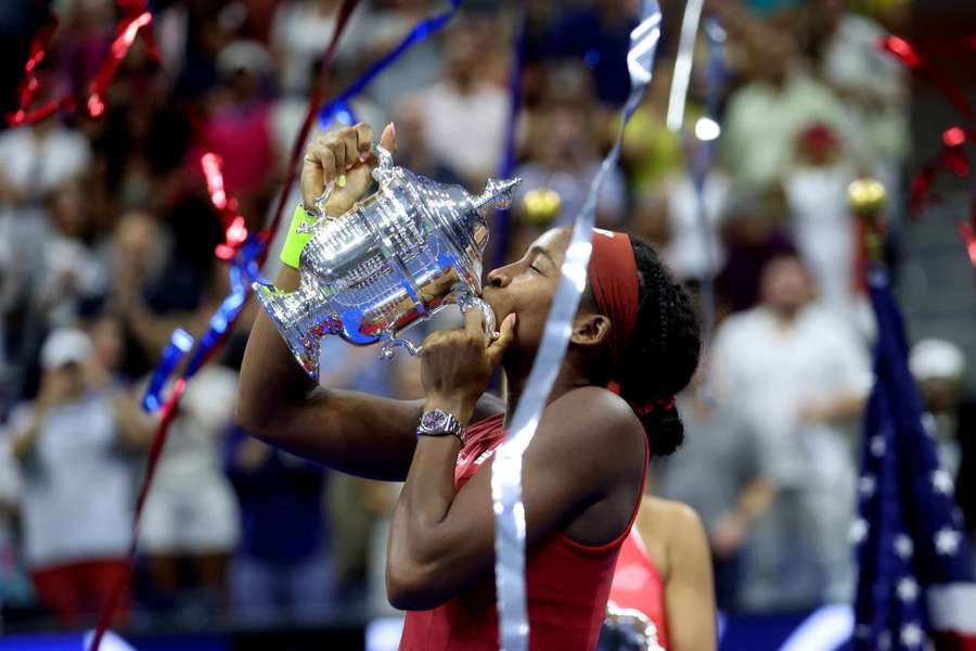 Coco Gauff celebrates after winning the final