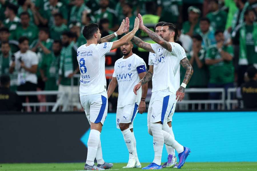 Al Hilal players celebrate goal in Saudi Pro League