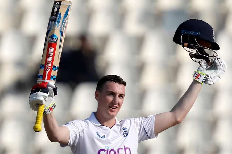 Harry Brook celebrates his century