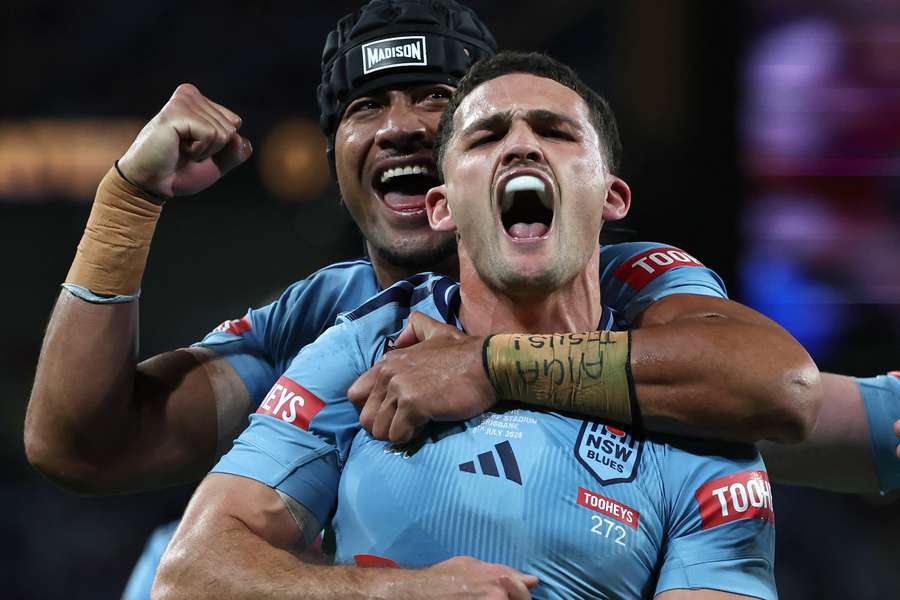 Nathan Cleary celebrates a New South Wales try. Nathan Cleary celebrates a New South Wales try.