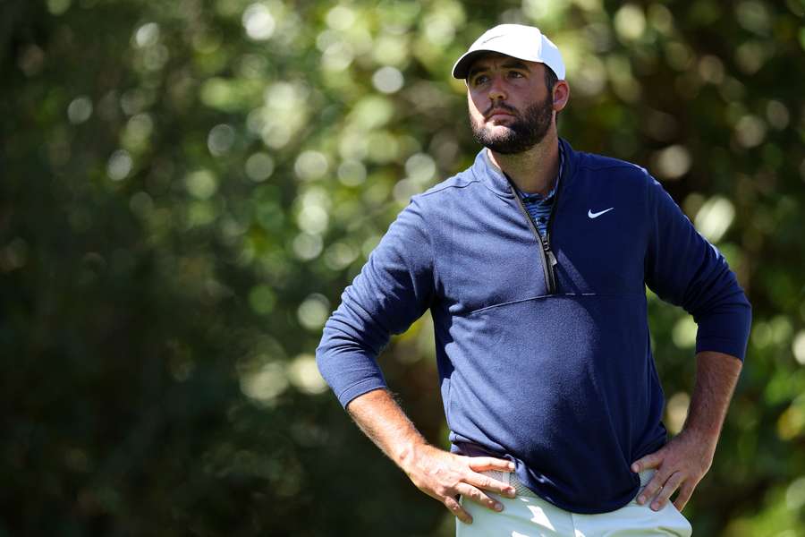 Scottie Scheffler looks on from the fifth tee during the second round of the Masters