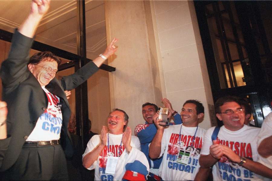 Miroslav Blazevic (L) celebrating Croatia's 1998 World Cup success