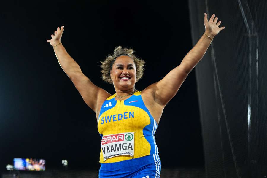 Vanessa Kamga celebrates winning bronze in the discus final