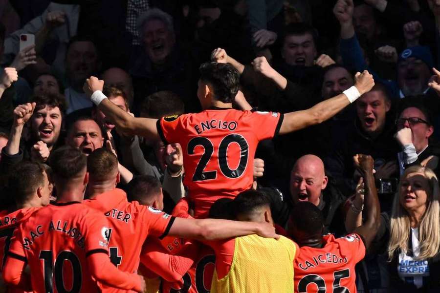 Julio Enciso celebrates giving Brighton the lead against Chelsea
