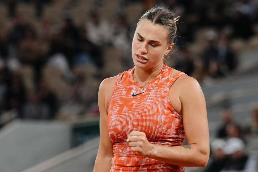 Aryna Sabalenka celebrates after a point as she plays against Moyuka Uchijima