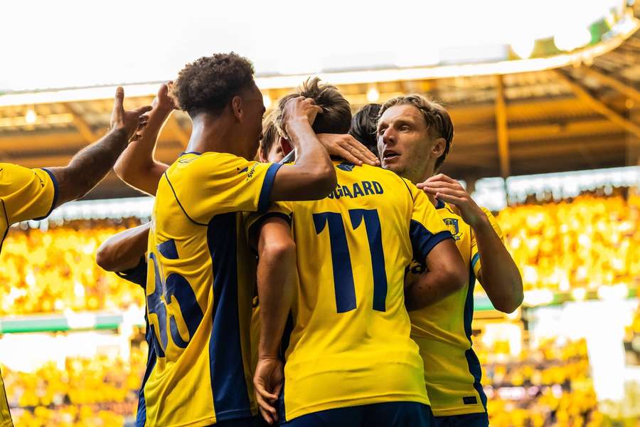 Brondby celebrate Filip Bundgaard's amazing night
