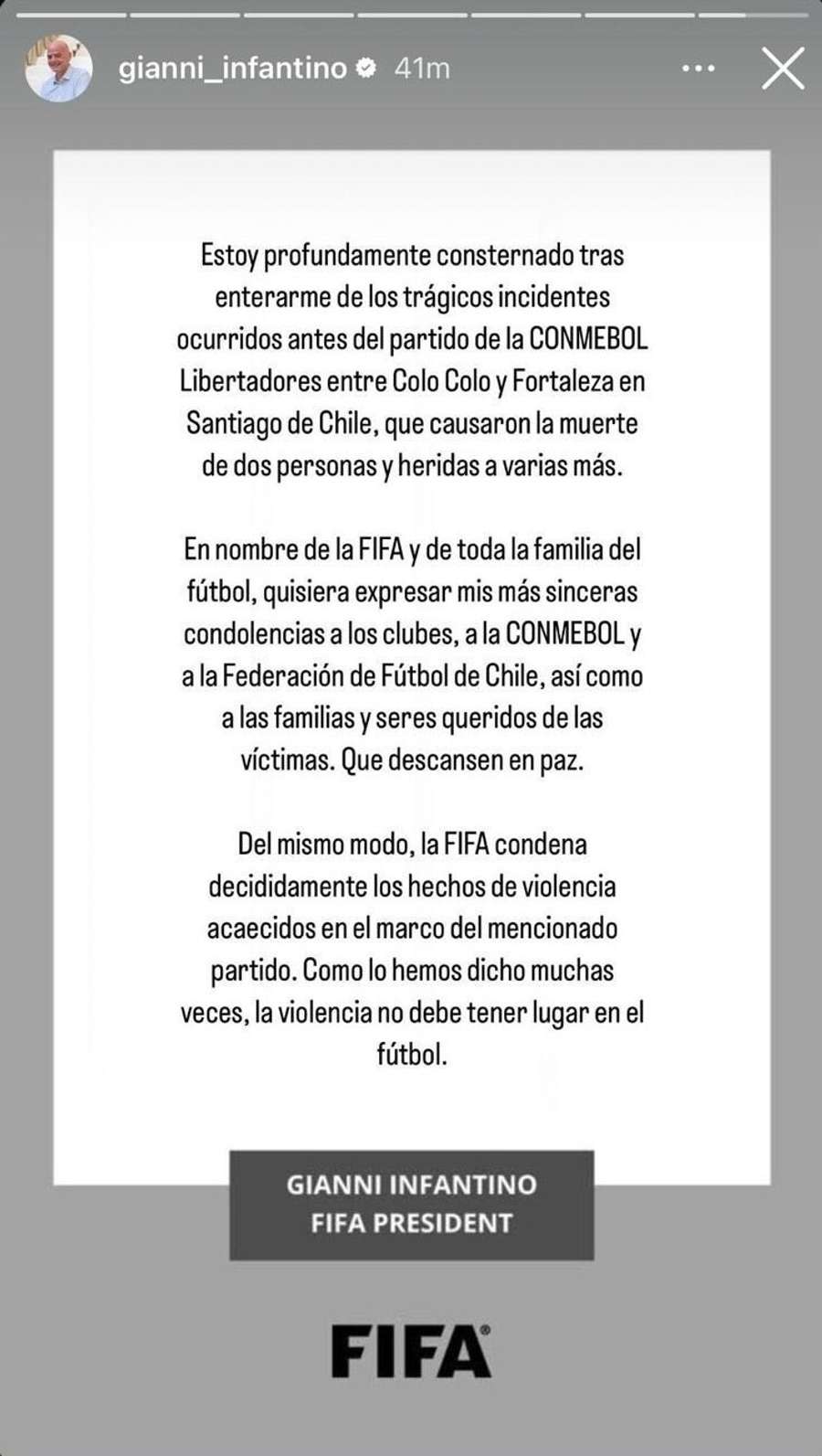 Mensagem de Gianni Infantino, presidente da FIFA, após incidentes em Santiago Mensagem de Gianni Infantino, presidente da FIFA, após incidentes em Santiago