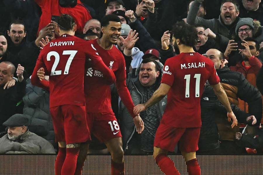 Liverpool's Dutch striker Cody Gakpo (C) celebrates with teammates