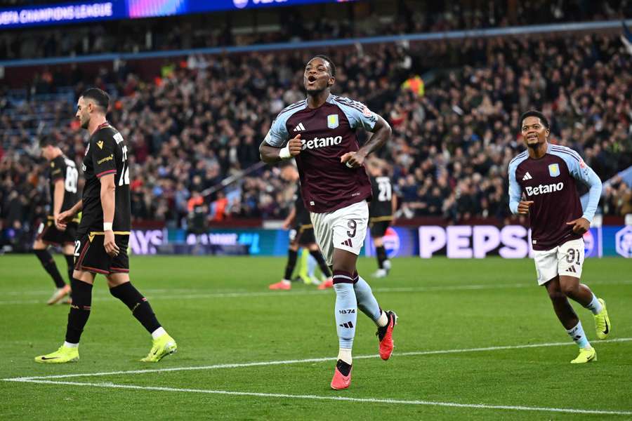 Jhon Duran celebrates scoring Aston Villa's second goal against Bologna