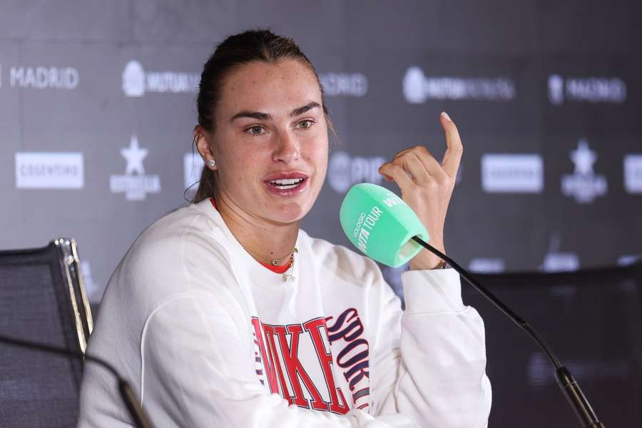 Sabalenka reacts during the press conference Sabalenka reacts during the press conference