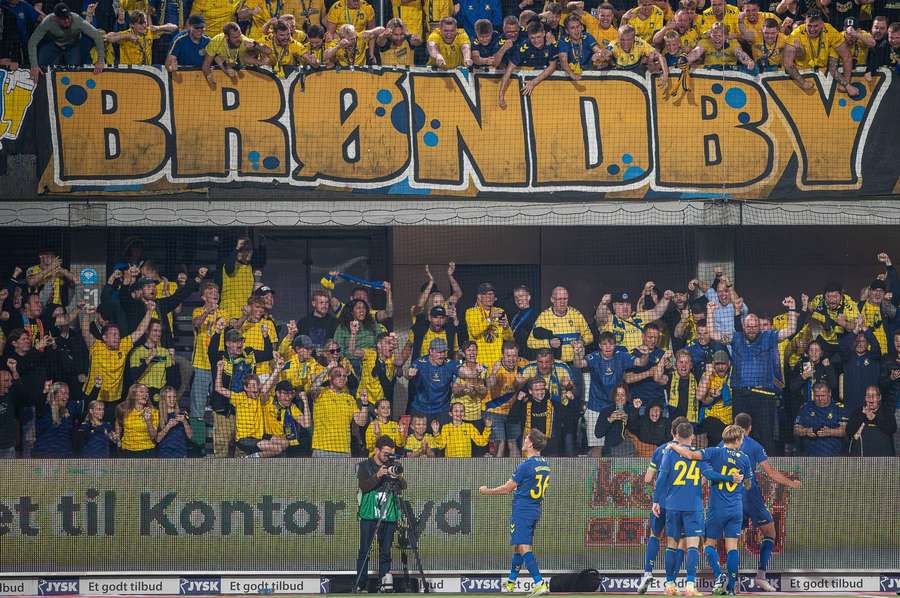 Brondby players celebrate their Top Six ticket