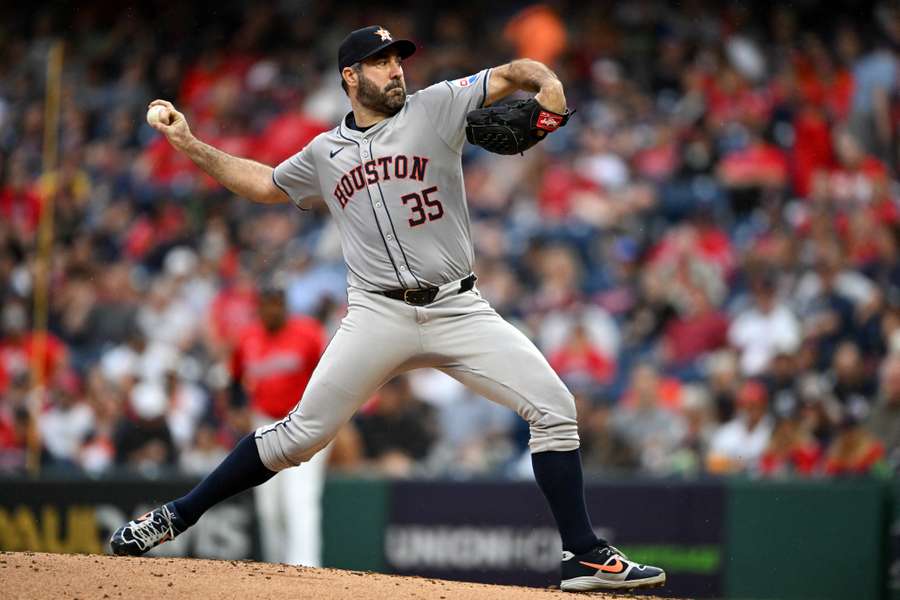 Houston Astros former pitcher Justin Verlander throws a pitch during a game against the Cleveland Guardians