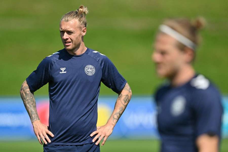 Simon Kjaer, en un entrenamiento de Dinamarca durante la Eurocopa.