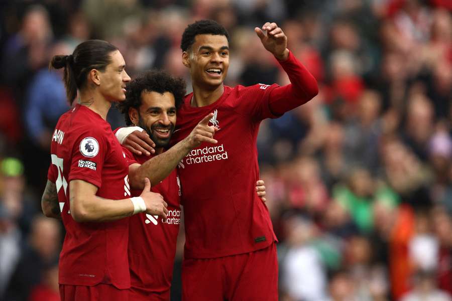 Darwin Nunez, Mo Salah and Cody Gakpo celebrate the Egyptian's winner