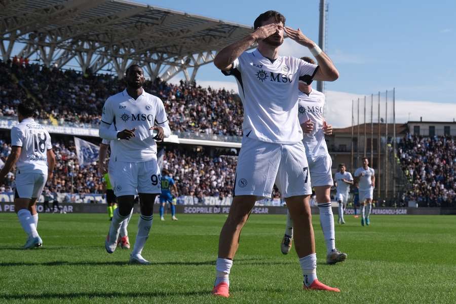 Napoli's Georgian star Khvicha Kvaratskhelia celebrates after scoring against Empoli