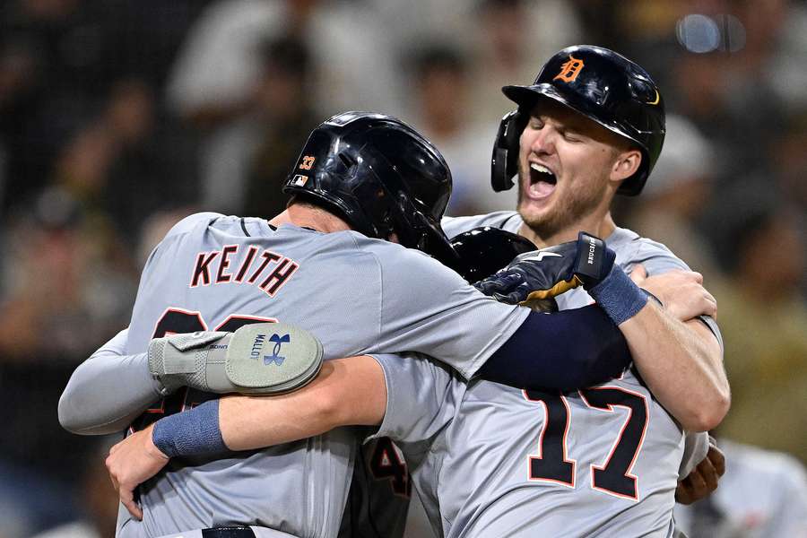 Detroit Tigers centre fielder Parker Meadows is congratulated after hitting a grand slam during the ninth inning against the San Diego Padres