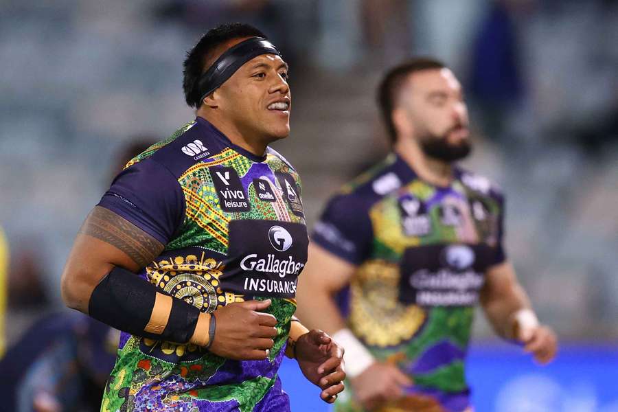 Allan Alaalatoa warms up prior to a Brumbies Super Rugby match.