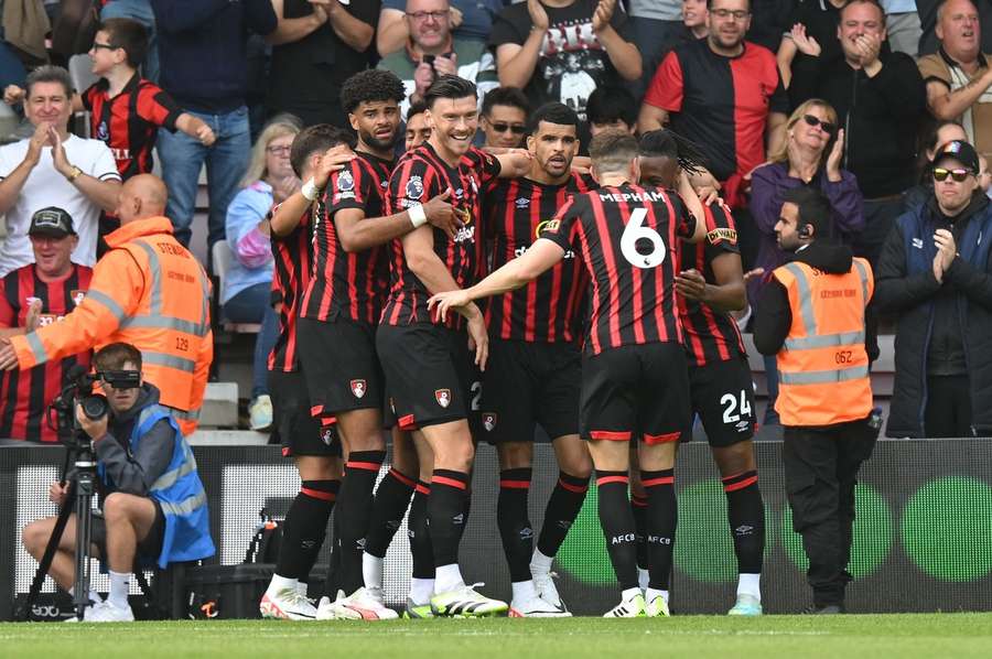 Solanke of AFC Bournemouth celebrates scoring the equalising goal