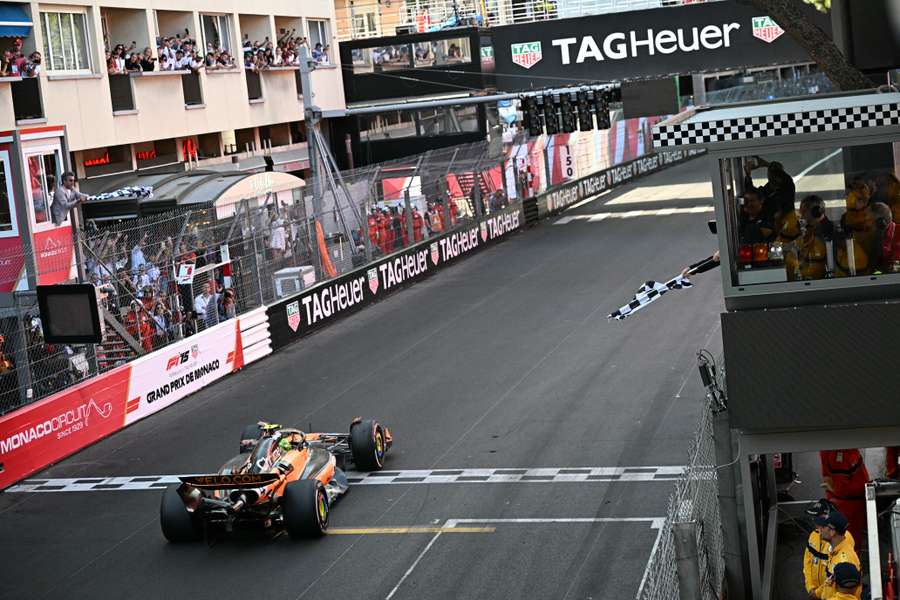 Lando Norris crosses the line to win the F1 Monaco Grand Prix at the Circuit de Monaco