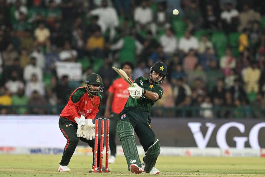 Pakistan's Saim Ayub strikes the ball during a May 2025 T20I against Bangladesh.