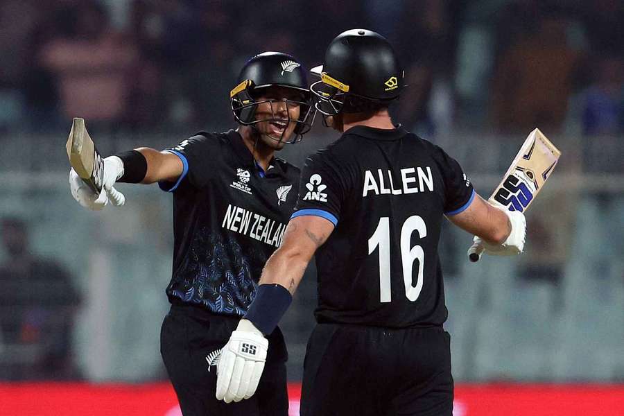 New Zealand's Finn Allen and Rachin Ravindra after the win over South Africa 