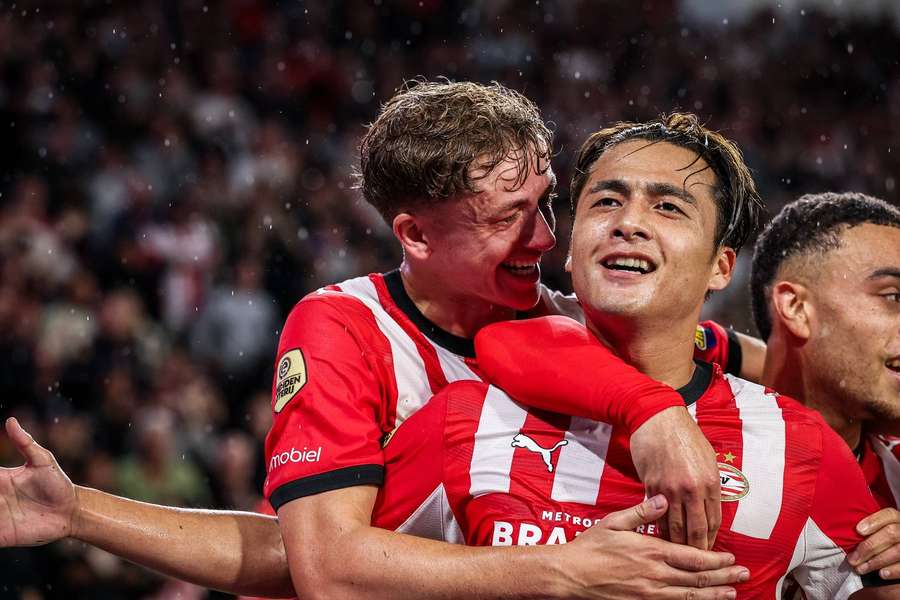 Kodai Sano (R) celebrates scoring his first PSV goal Kodai Sano (R) celebrates scoring his first PSV goal