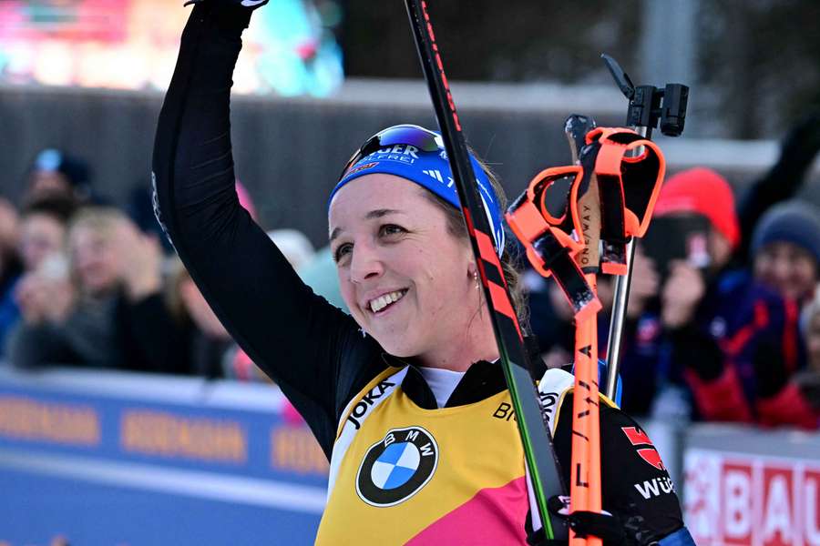 Franziska Preuß nach ihrem 2. Platz beim Massenstart in Ruhpolding.