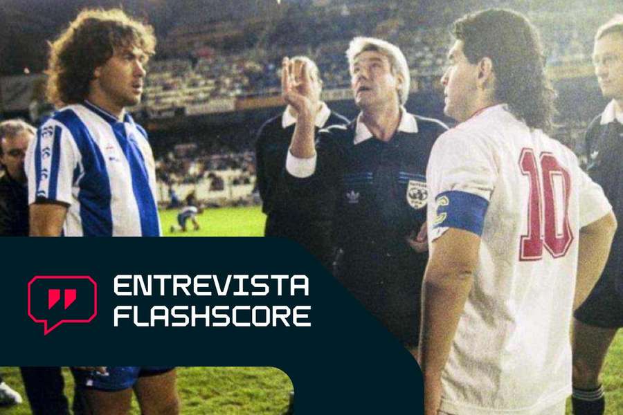 Mino, con Maradona, antes de un Espanyol-Sevilla