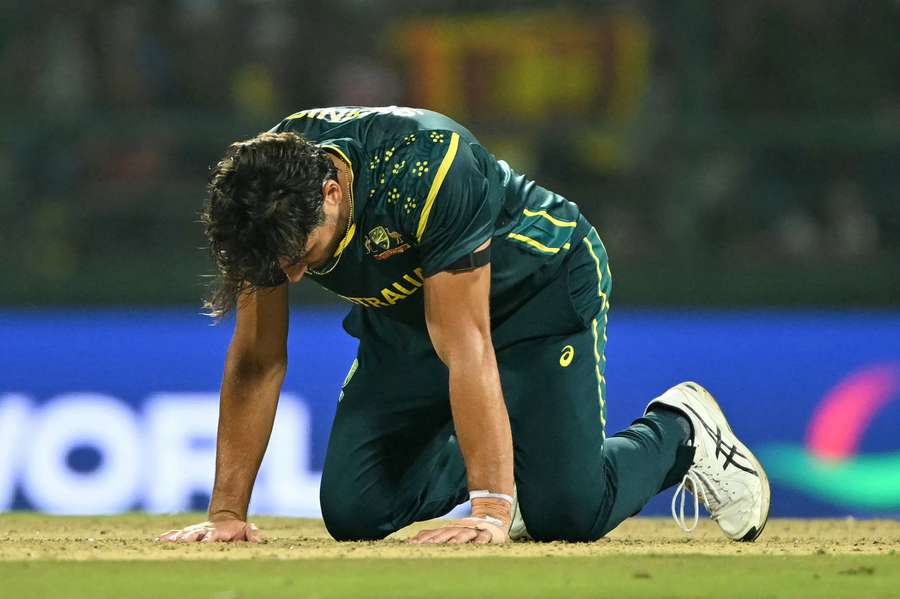 Marcus Stoinis reacts during Australia's tournament-ending loss to Sri Lanka.