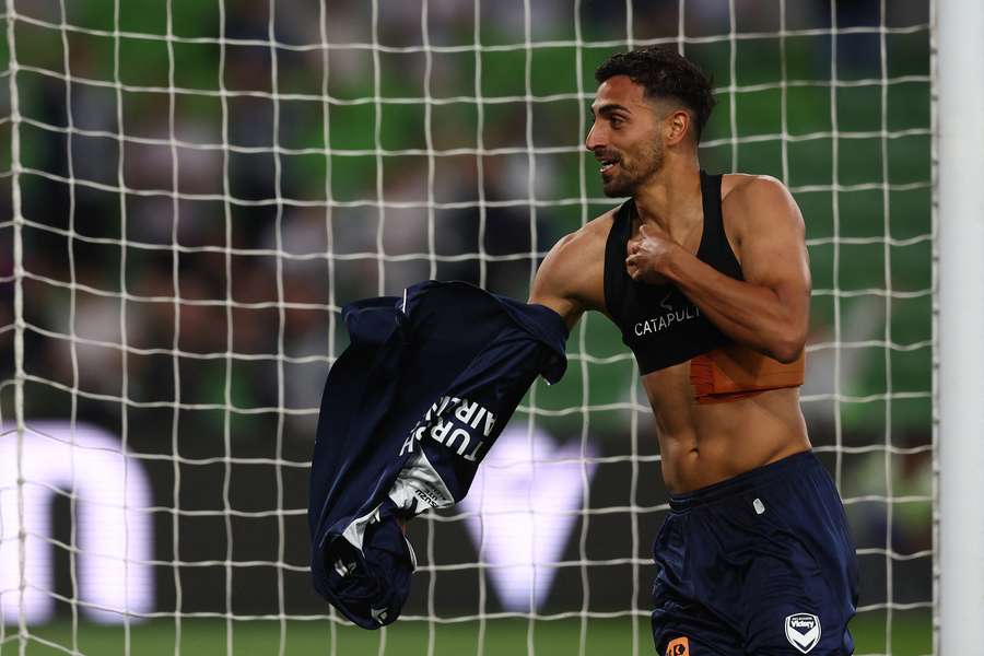 Melbourne Victory's Nikos Vergos celebrates his second of his two goals at AAMI Park. Melbourne Victory's Nikos Vergos celebrates his second of his two goals at AAMI Park.