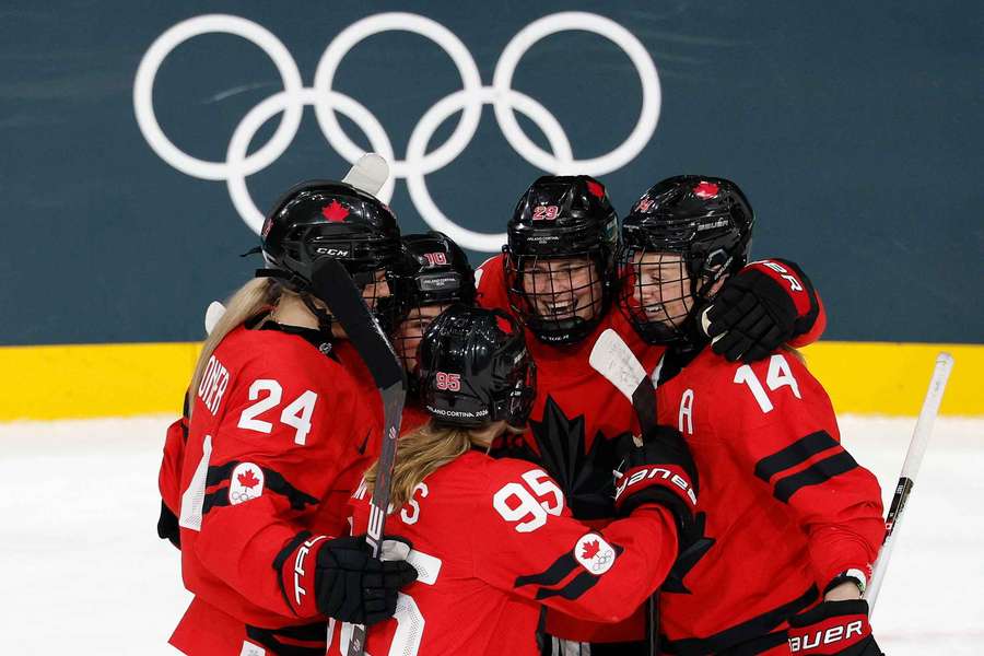 Marie-Philip Poulin of Canada celebrates scoring her team's fifth goal 