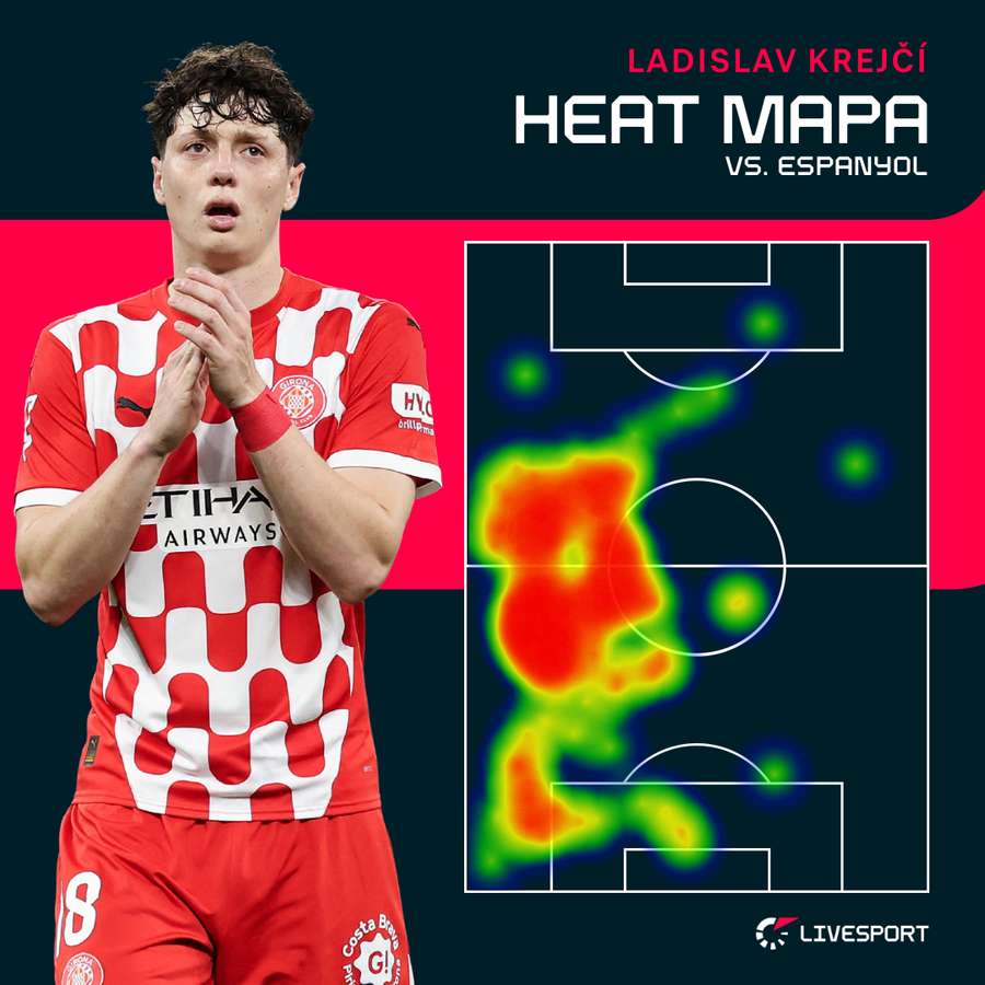 Heat mapa Krejčího proti Espanyolu.