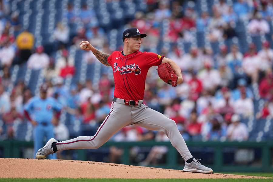 AJ Smith-Shawver throwing in the bottom of the first inning against the Philadelphia Phillies prior to his injury (May 29, 2025)
