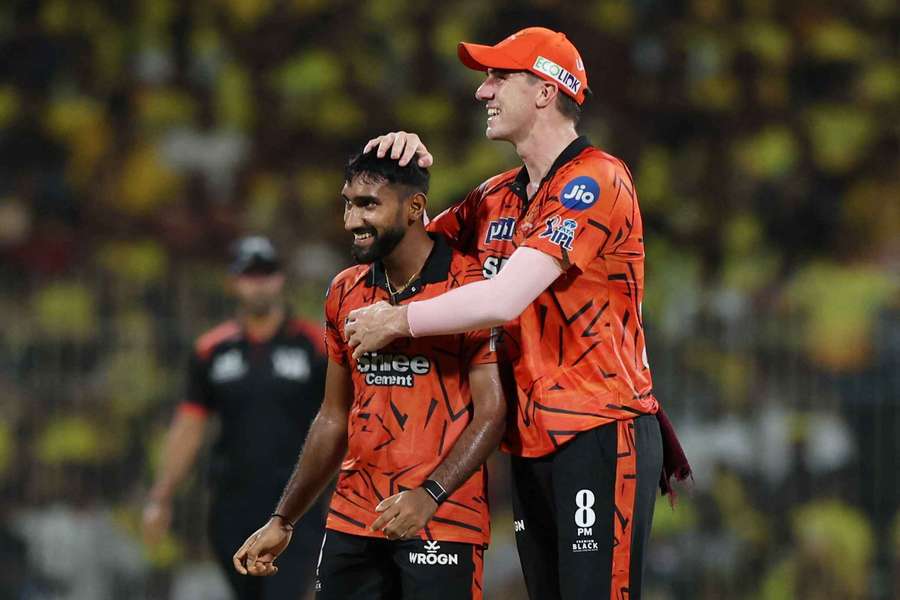 Sunrisers Hyderabad's Eshan Malinga celebrates after taking the wicket of Chennai Super Kings' Dewald Brevis with Pat Cummins Sunrisers Hyderabad's Eshan Malinga celebrates after taking the wicket of Chennai Super Kings' Dewald Brevis with Pat Cummins