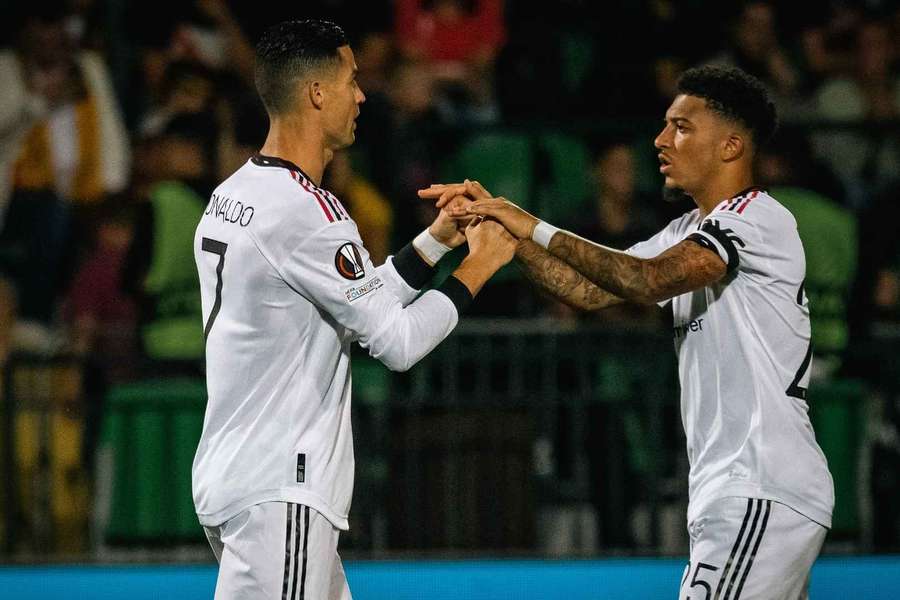 Former Manchester United forwards Cristiano Ronaldo and Jadon Sancho. Former Manchester United forwards Cristiano Ronaldo and Jadon Sancho.