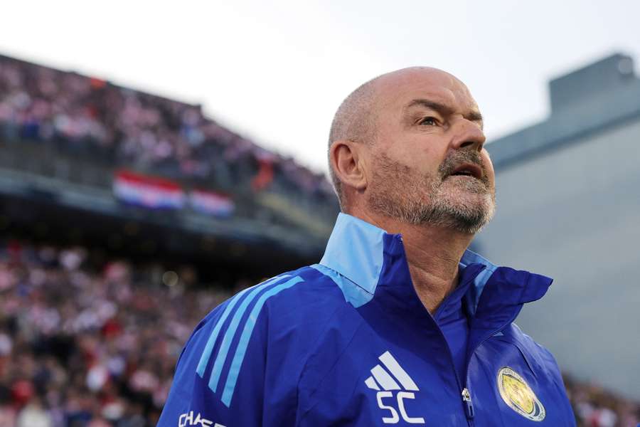 Steve Clarke sings the national anthem before Scotland's match against Croatia last month