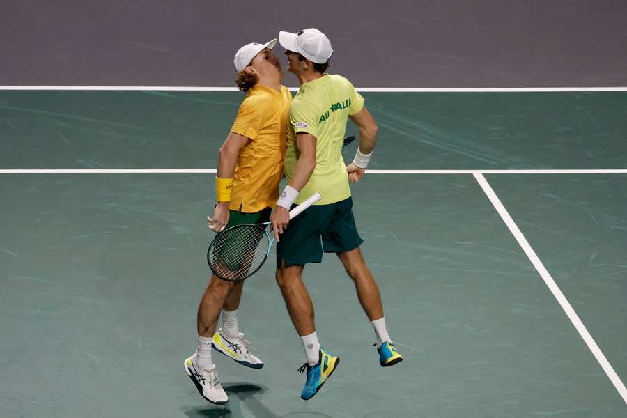 Australia's Matthew Ebden and Max Purcell celebrate their doubles victory