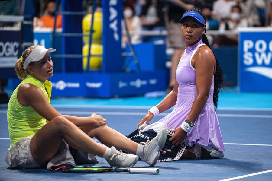 Saville (left) was forced to retire moments into her match with Osaka (right) at the Pan Pacific Open in Tokyo