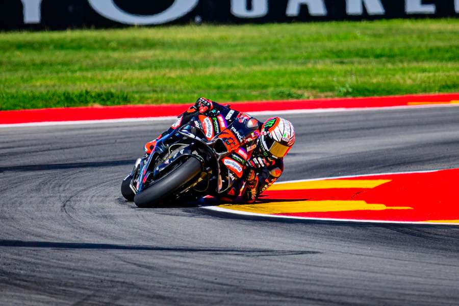 Marco Bezzecchi of the Aprilia Racing Team during the MotoGP qualifying at the Grand Prix of Aragon Marco Bezzecchi of the Aprilia Racing Team during the MotoGP qualifying at the Grand Prix of Aragon