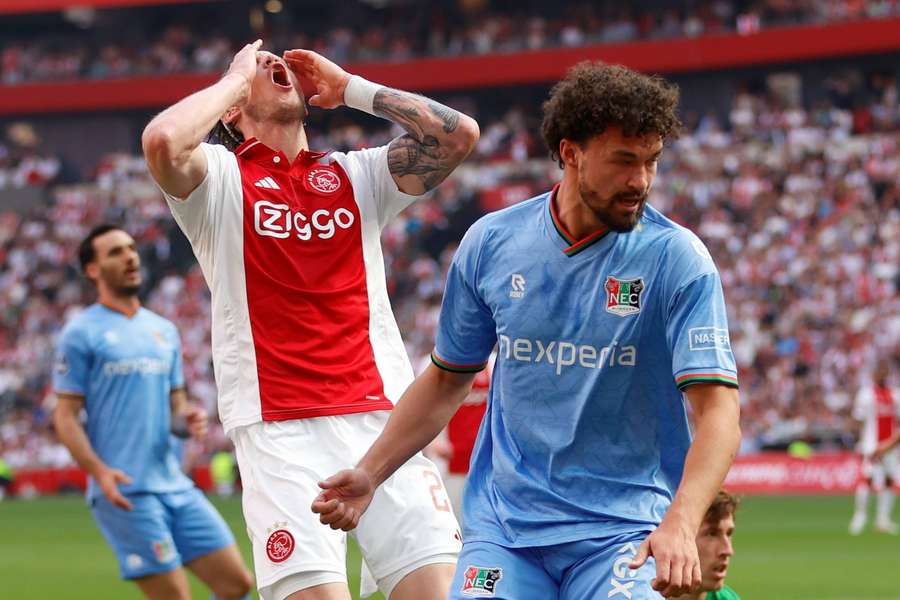 Ajax's Wout Weghorst reacts after missing a chance against NEC