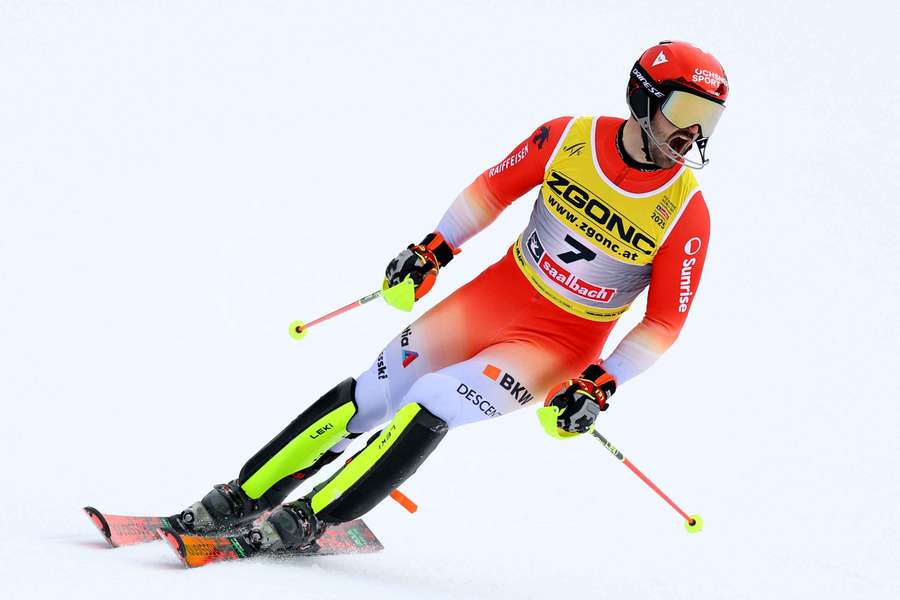 Switzerland's Loic Meillard reacts after his run during the men's slalom