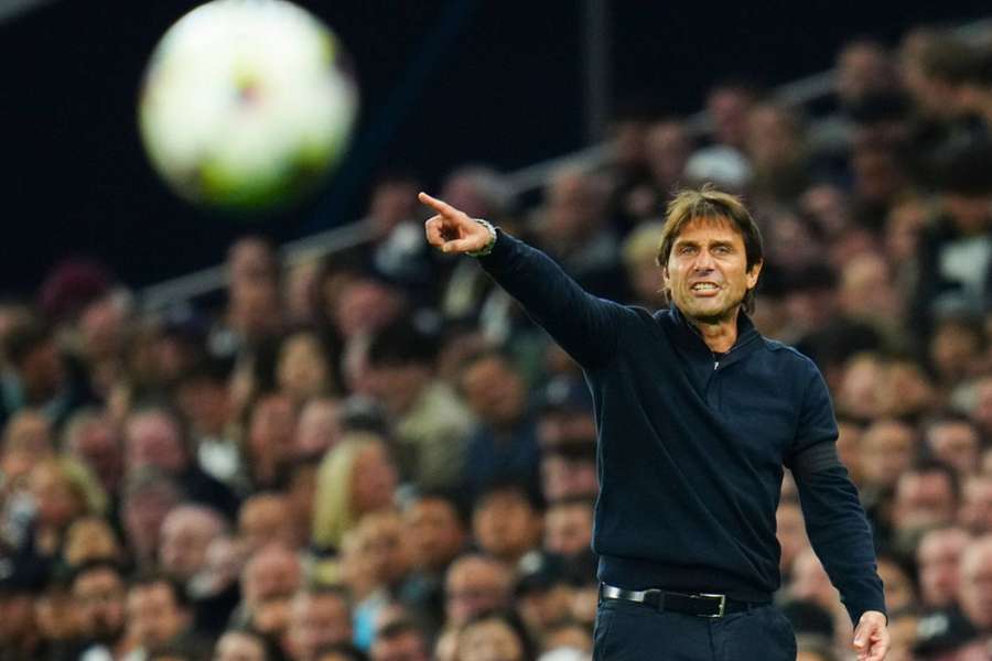 Tottenham manager Antonio Conte gestures during their Champions League match against Eintracht Frankfurt.