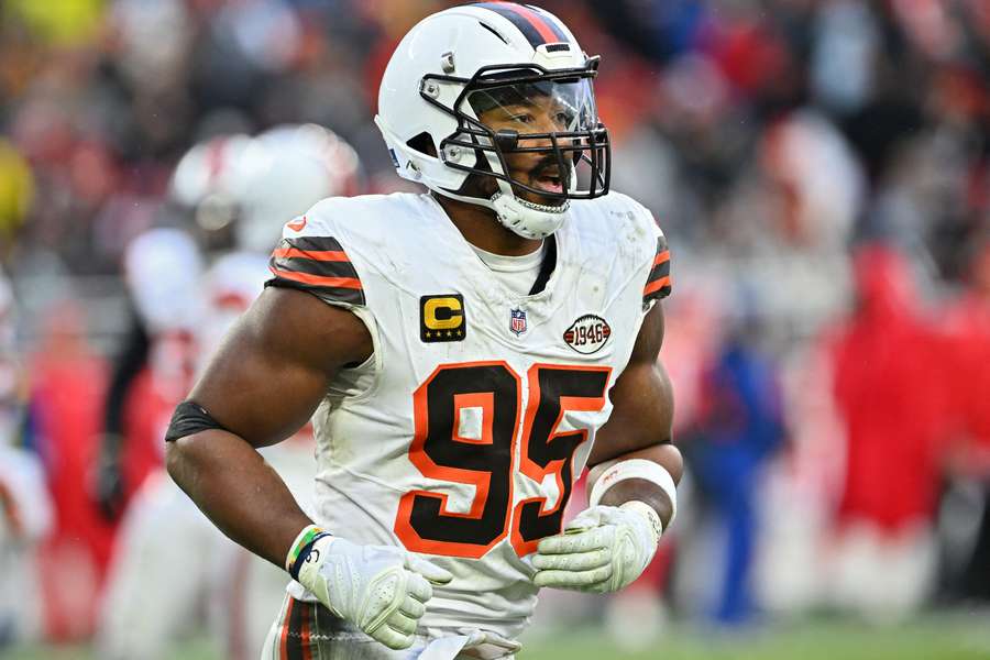 Myles Garrett walking to the sideline during a game against the Kansas City Chiefs. (December 2024)