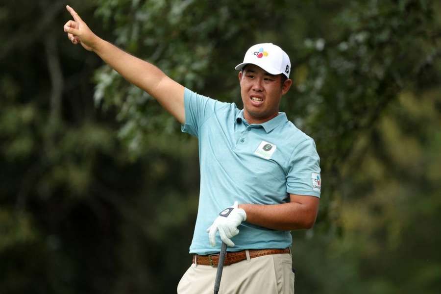 Byeong Hun An reacts to his shot during the third round of the St. Jude Championship in Memphis, Tennessee, earlier this year