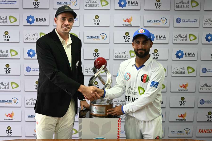 Tim Southee and Hashmatullah Shahidi before the test on Monday