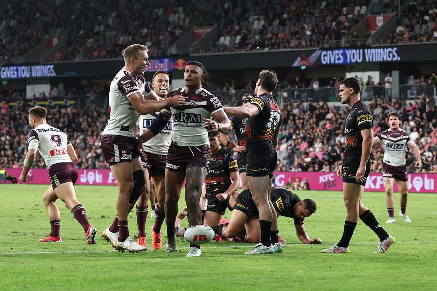 Haumole Olakau'atu celebrates after scoring a try in the Sea Eagles' weekend win over Penrith.