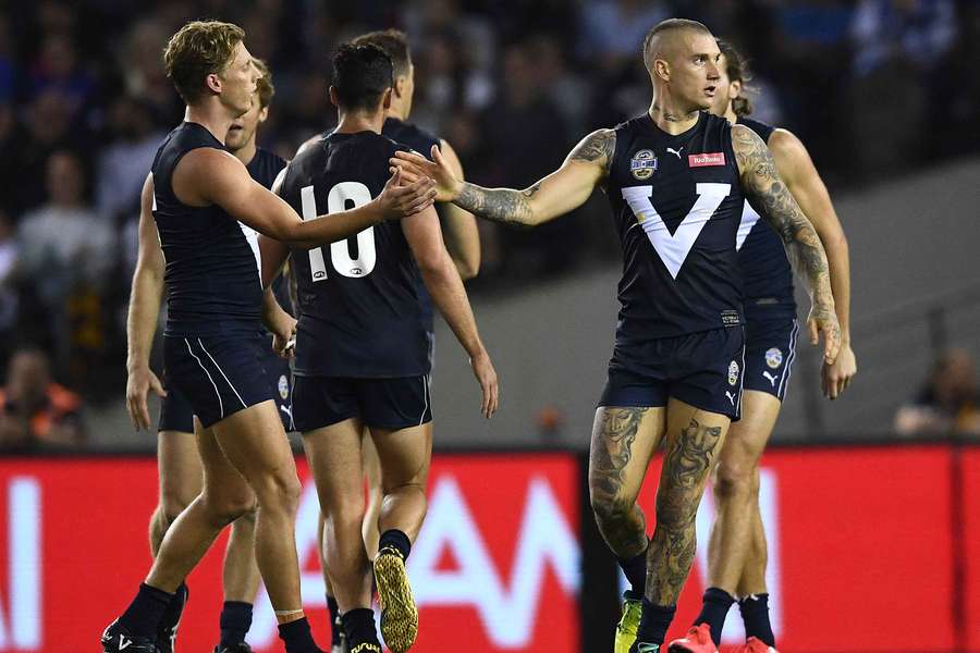 Dustin Martin celebrates a goal for Victoria during the Bushfire Relief game in February 2020. 