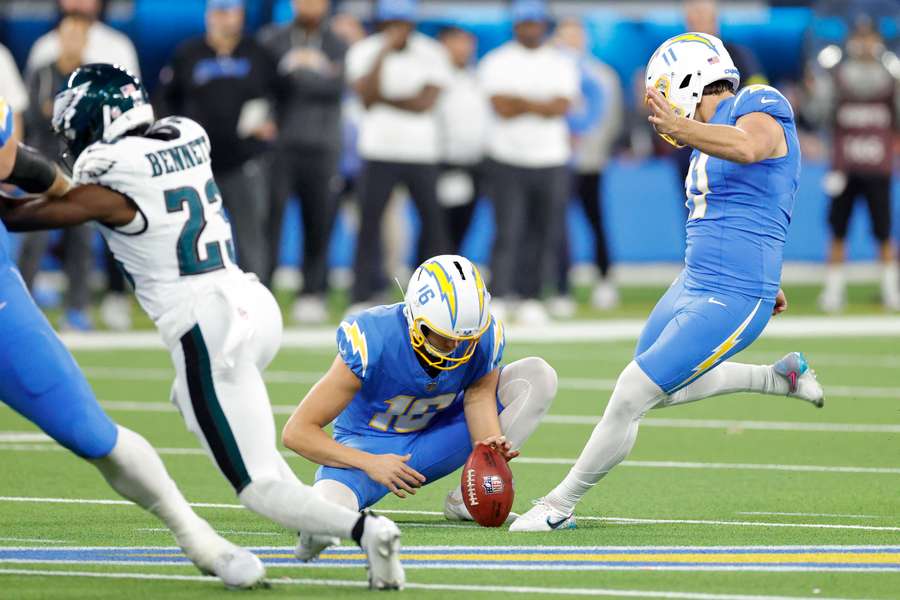 Cameron Dicker of the Los Angeles Chargers kicks a field goal during overtime against the Philadelphia Eagles Cameron Dicker of the Los Angeles Chargers kicks a field goal during overtime against the Philadelphia Eagles