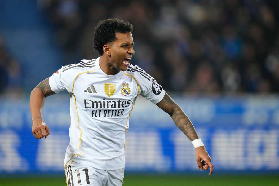 Rodrygo of Real Madrid celebrates scoring the winner against Alaves Rodrygo of Real Madrid celebrates scoring the winner against Alaves
